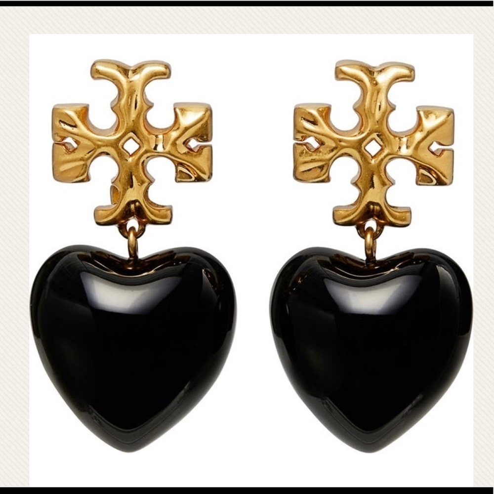 Tory Burch Authentic Vintage Roxanne Gold-Tone & Resin Heart Earrings In Black - Picture 5 of 10